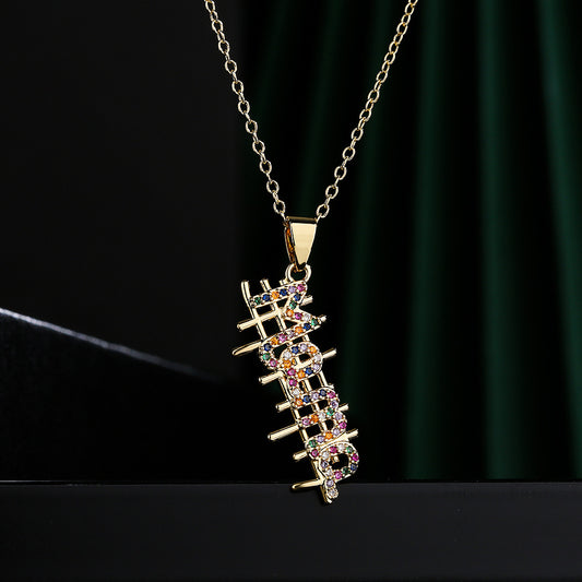 Minimalist Geometric MAMA Pendant Necklace in Copper with Real Gold Plating and Zircon Inlay
