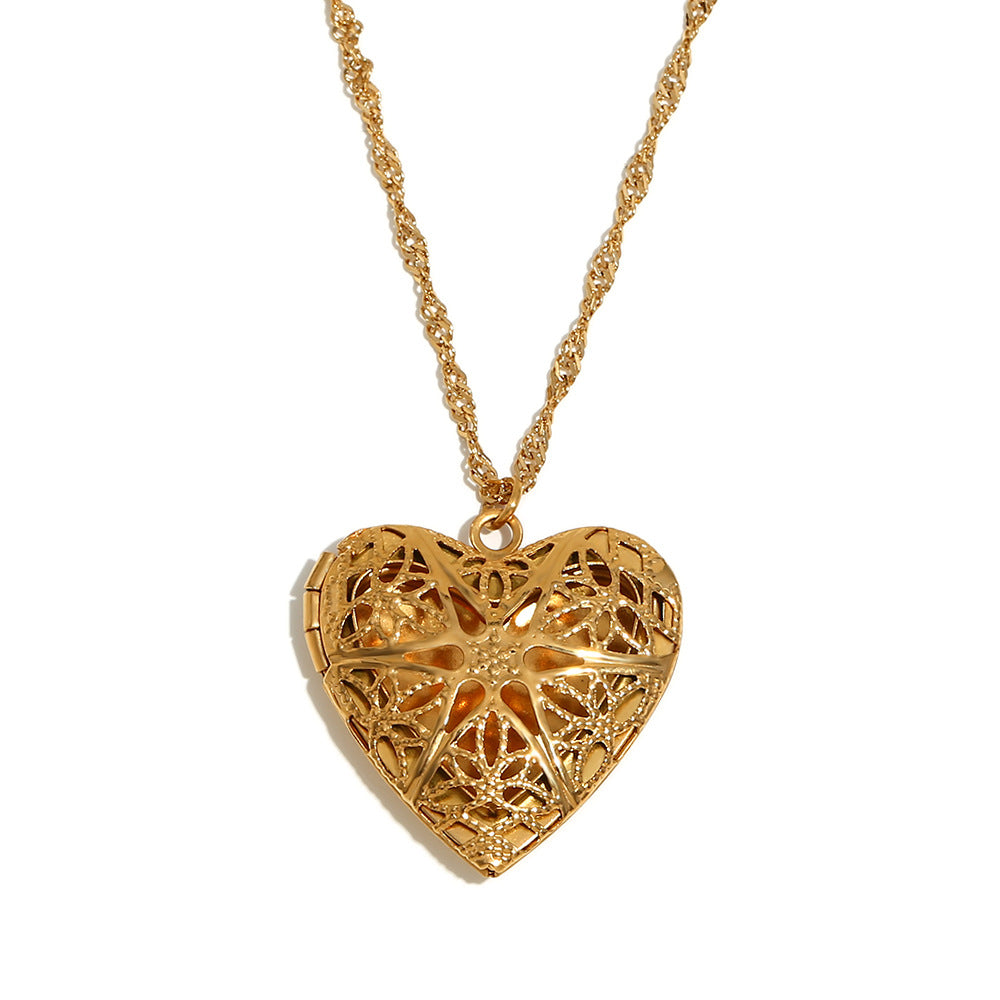 Geometric Vintage Pendant Necklace for Women Stainless Steel with 18K Gold Plating Heart-Shaped Photo Locket