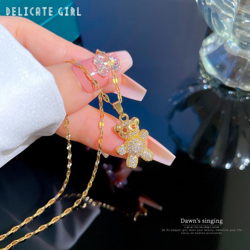 Luxury Minimalist Bear-Shaped Titanium Steel Necklace with Micro-Pave Rhinestone Accents for Women