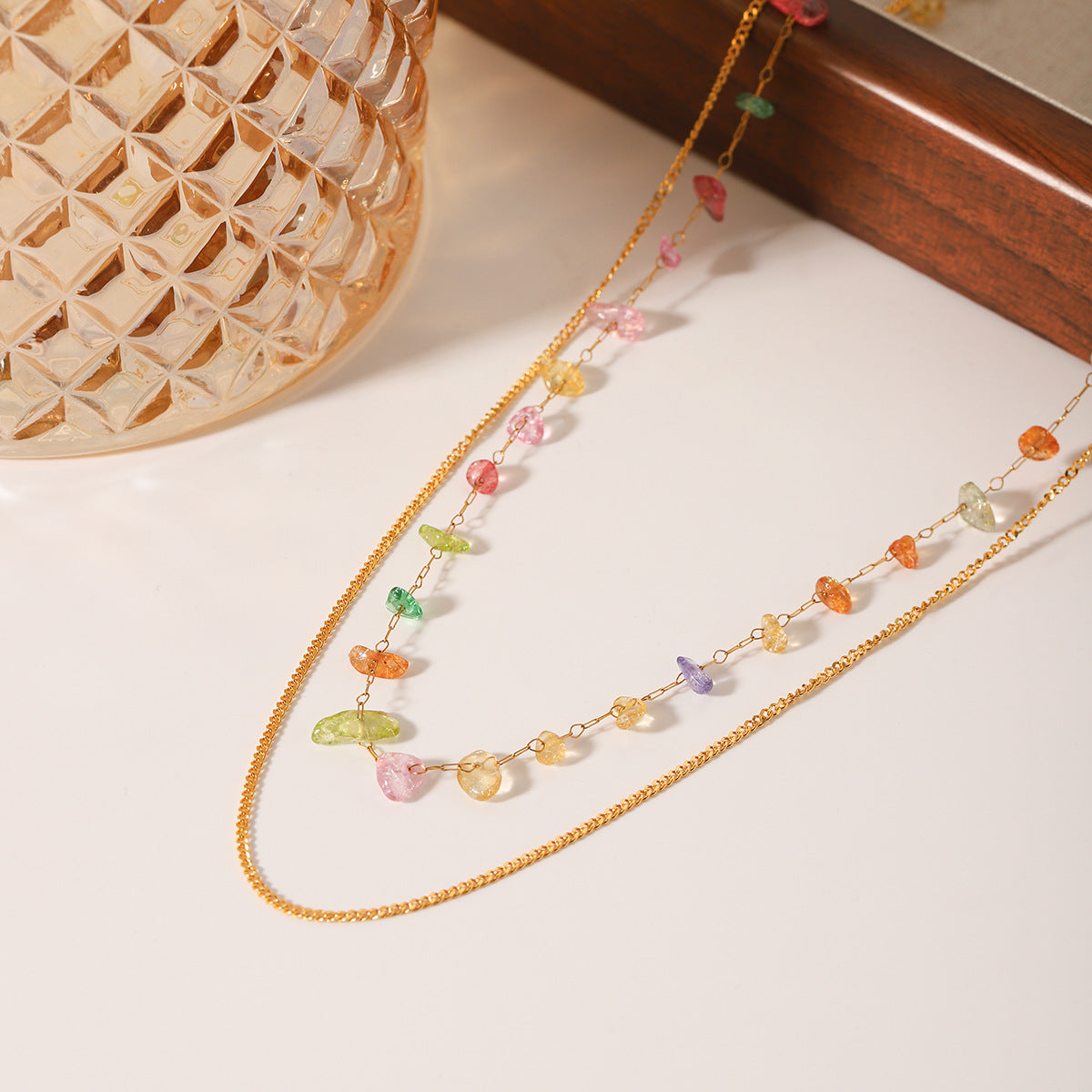 Trendy Geometric Double Layer 18K Gold Plated Stainless Steel Necklace with Colored Crushed Stone for Women