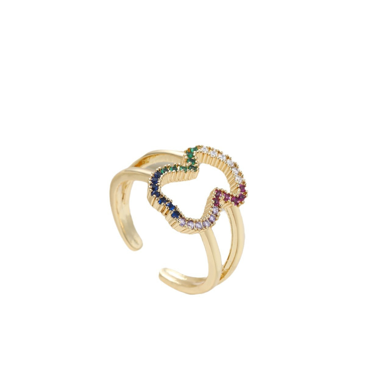 Anillo de cobre rústico-chic con forma de U geométrica calada para mujer con incrustaciones de circonita