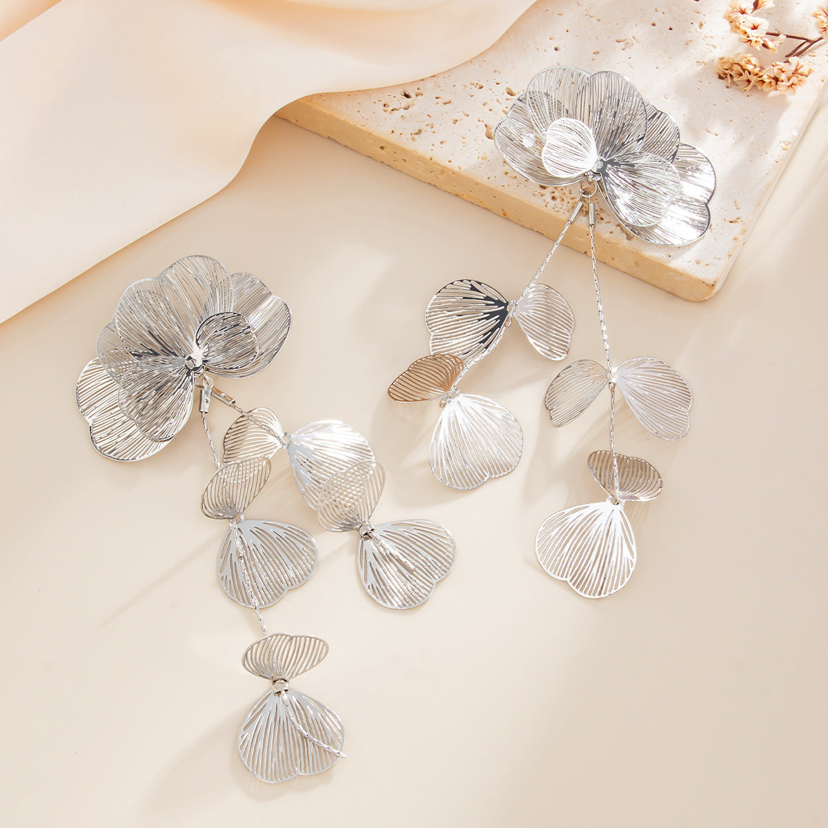 Exaggerated Plated Stainless Steel Floral Leaf Drop Earrings for Women