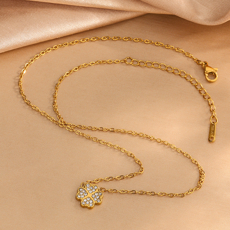 Elegant Four-Leaf Clover Rhinestone Inlay Stainless Steel Necklace Bracelet Earring Set for Women