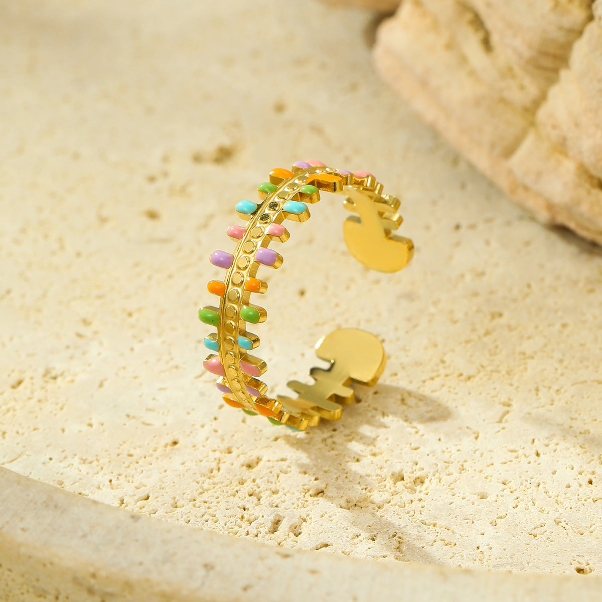 Anello da donna in acciaio al titanio con design geometrico di lusso, smalto a goccia e fascia regolabile aperta