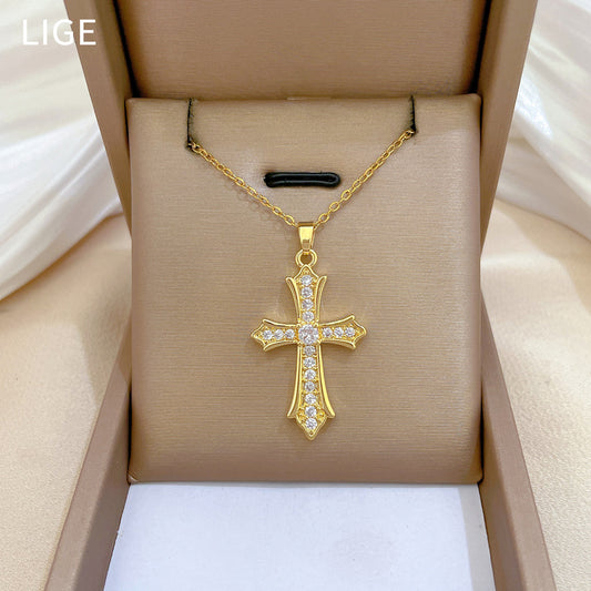 Collar con Colgante de Cruz Minimalista de Acero de Titanio con Incrustaciones Completas de Pedrería para Mujeres y Hombres, Delicada Cadena de Clavícula con Diseño Geométrico