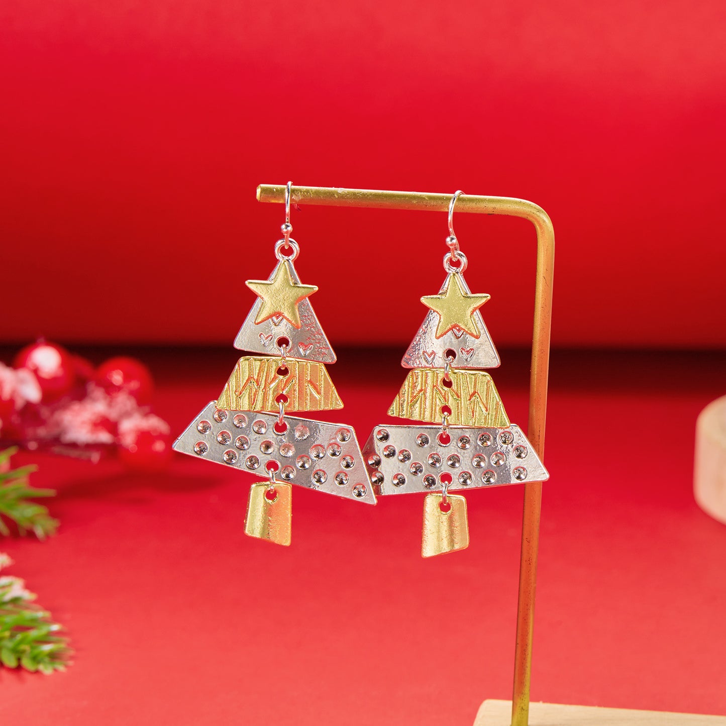 Conjunto de pendientes largos de aleación con forma de árbol de Navidad, geométricos y a la moda, con baño, para mujer