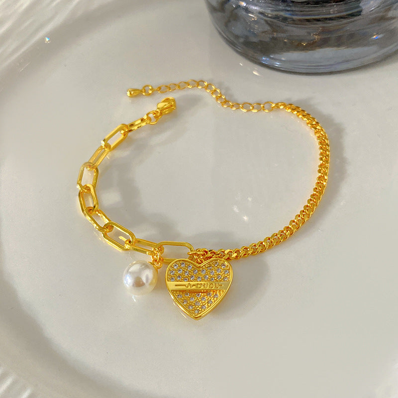 Sweet Minimalist Heart Letter Cubic Zirconia Pearl Plated Titanium Steel Bracelet