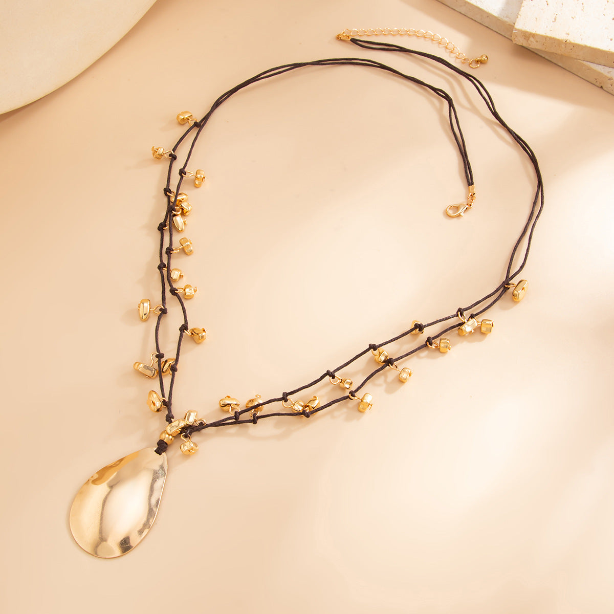 Minimalist Geometric Teardrop Hammered Iron Pendant Wax Cord Necklace for Women