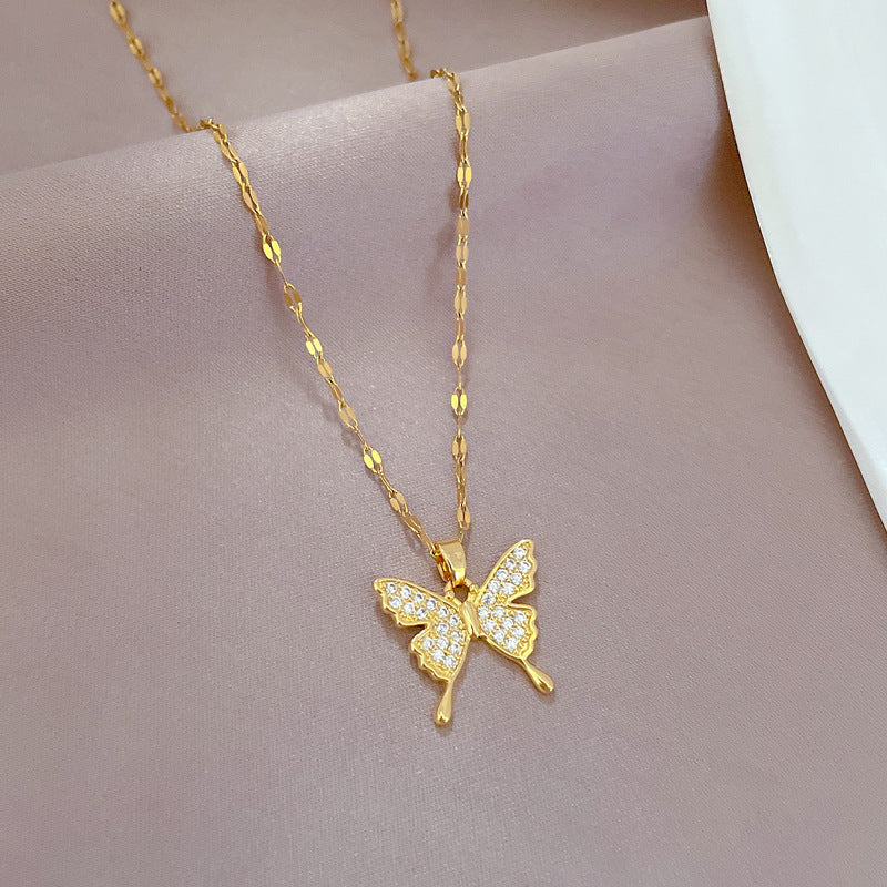 Luxury Titanium Steel Butterfly Geometric Pendant Necklace for Women and Men Lip Chain