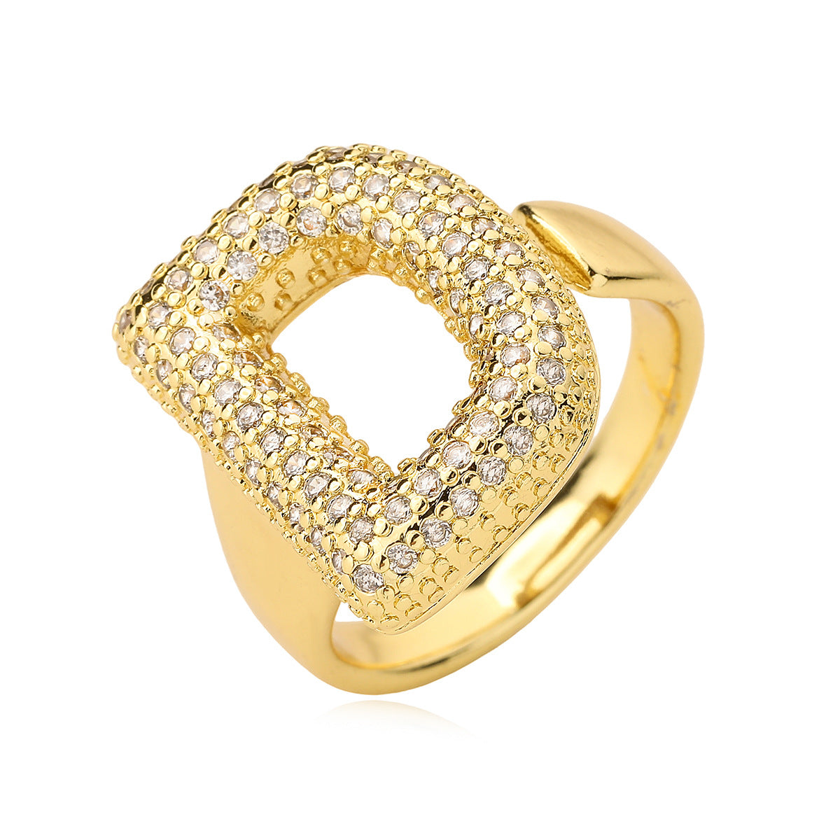 Minimalist Geometric Letter Zirconia Ring for Women in Copper with Gold Plating and Micro-Pavé Setting