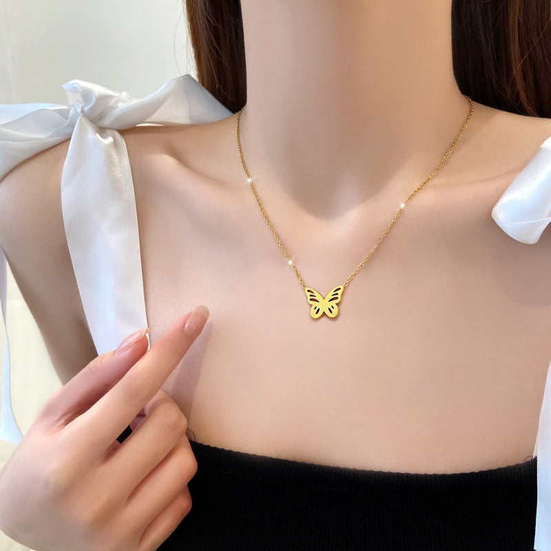 Minimalist Titanium Steel Hollow Butterfly Pendant Necklace for Women Gold-Plated Clavicle Chain with Floral Pattern