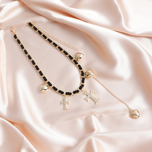 Collar con colgante de corazón y cruz estilo vintage con cadena tipo gargantilla de metal chapado para mujer