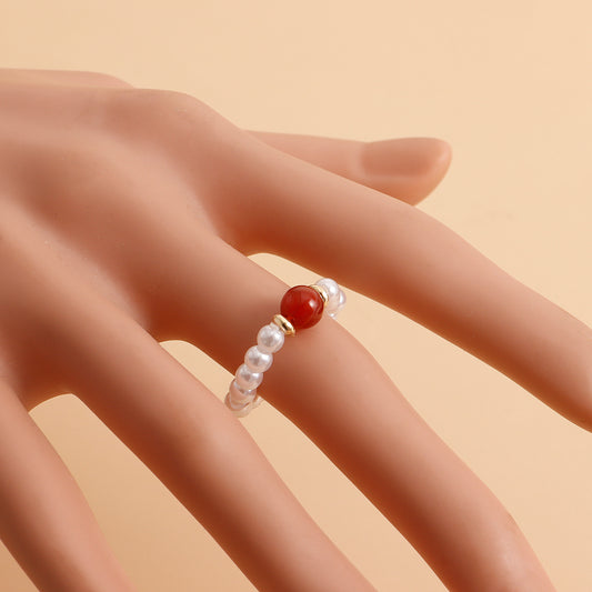 Bohemian Geometric Acrylic Ring with Imitation Pearls and Natural Stone Accents for Women