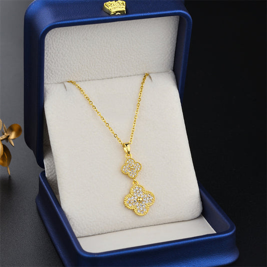 Fashion Geometric Four-Leaf Clover Zircon Pendant 18K Gold Plated Titanium Steel Box Chain Necklace for Women