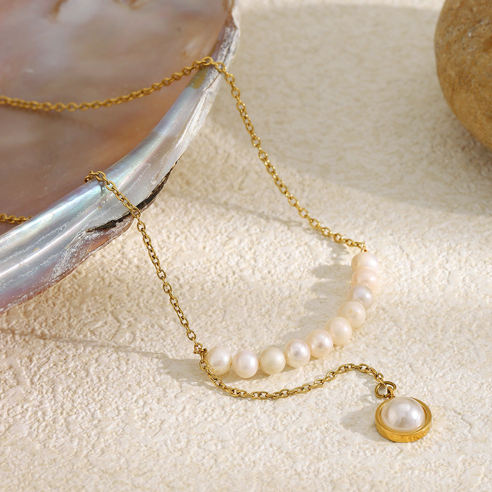 Minimalist Luxury Geometric Stainless Steel Gold Plated Pearl Necklace for Women