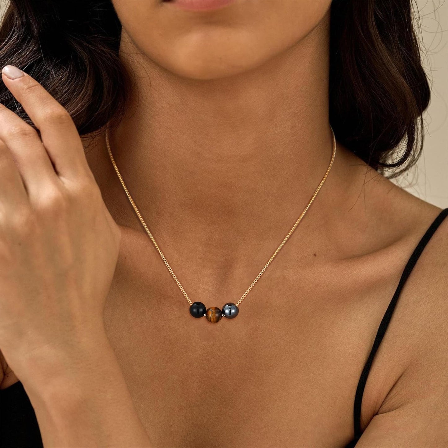 Casual Geometric Natural Stone Beaded Necklace Stainless Steel Adjustable Choker for Unisex