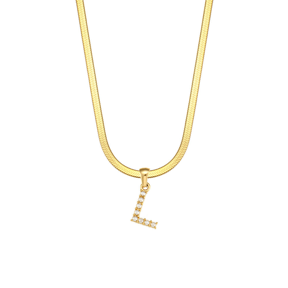 Fashionable Letter Pendant Necklace for Women Stainless Steel Plated 18K Gold Flat Snake Chain with Pearl Accent