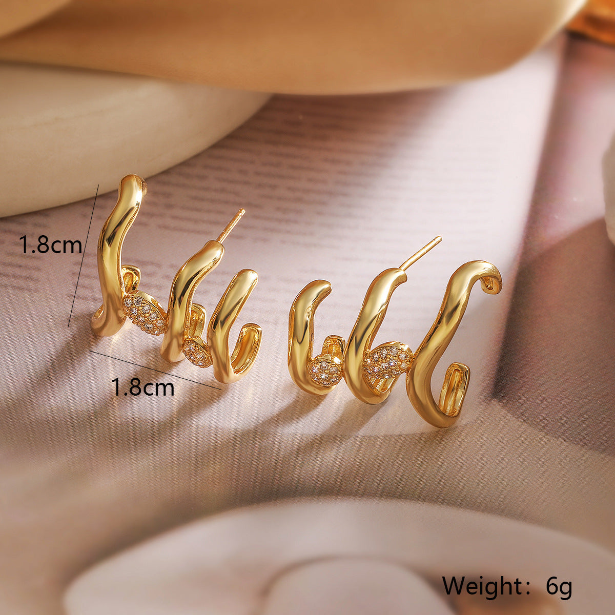 Geometric Shape Copper Earrings with Real Gold Plating and Zircon Inlay for Women