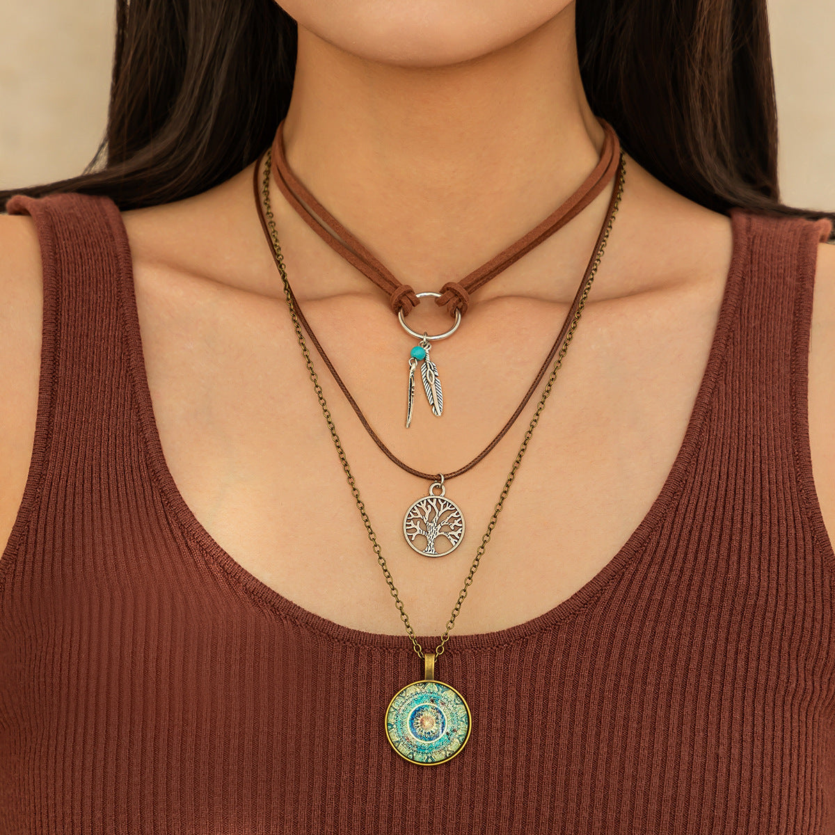 Vintage Bohemian Multi-Layer Necklace Set with Tree Pendant and Beaded Strands for Women