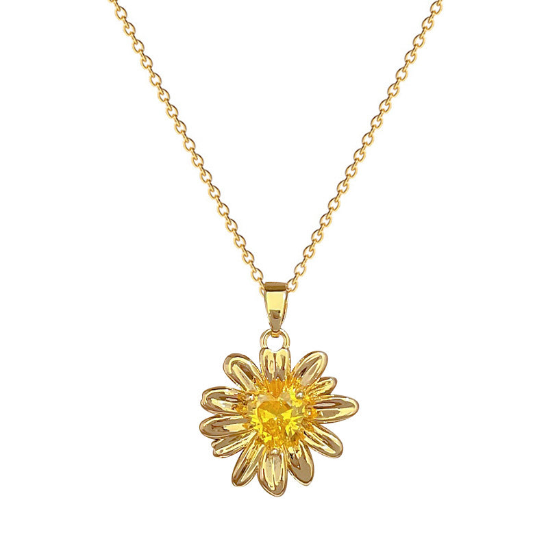 Collana da Donna con Ciondolo Floreale in Oro Champagne, Catena in Acciaio Inossidabile con Design Geometrico e Motivo a Luna