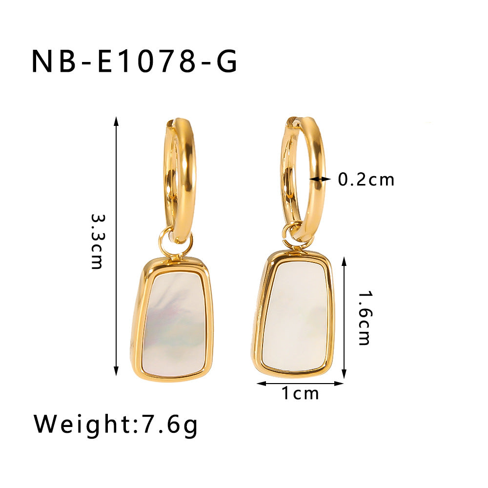 Minimalist Geometric Heart-Shaped Natural White Abalone Pendant Earrings in Stainless Steel with 18K Vacuum Plating