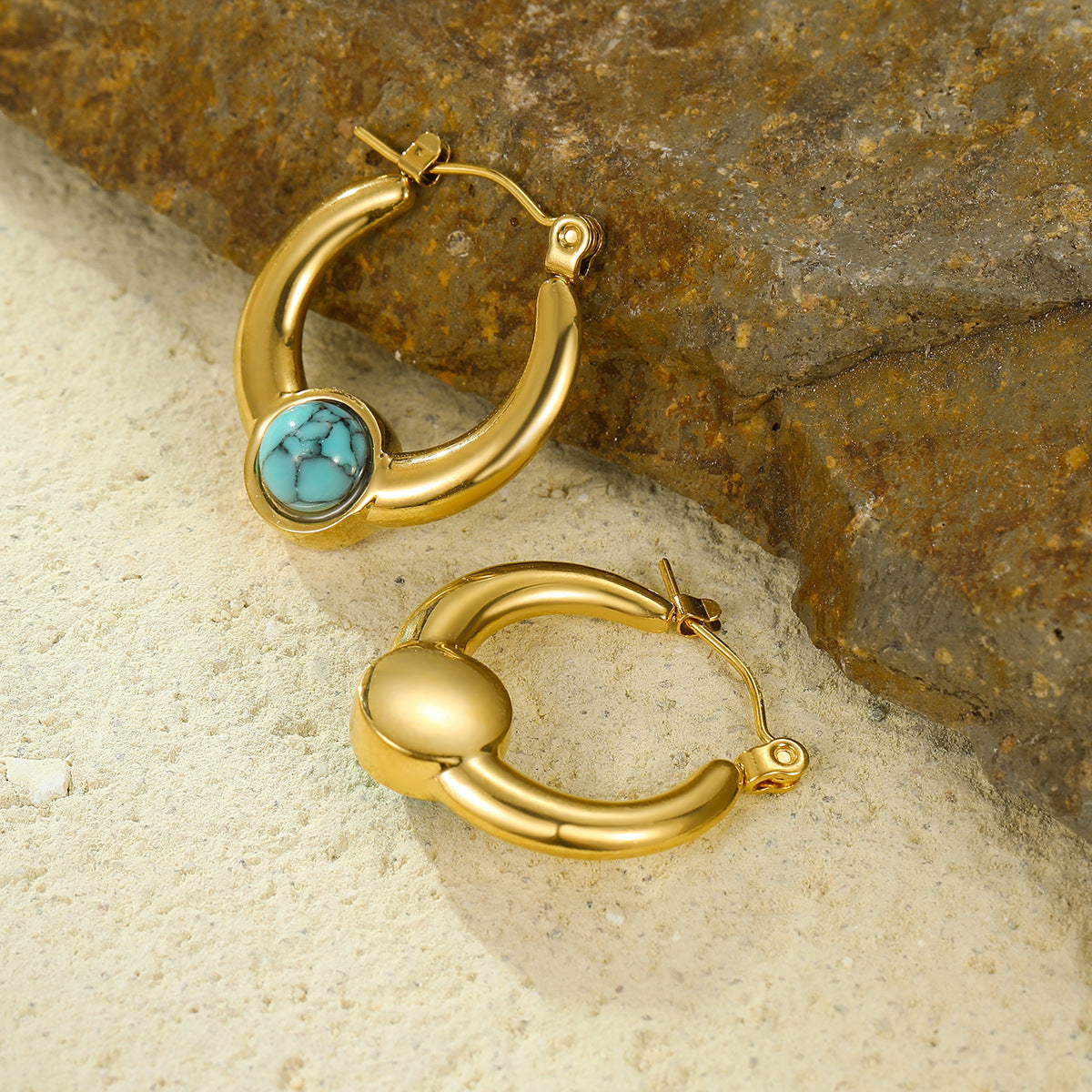 Vintage Style U-Shaped Titanium Steel Earrings with 18K Gold Plating and Natural Stone Inlay for Women