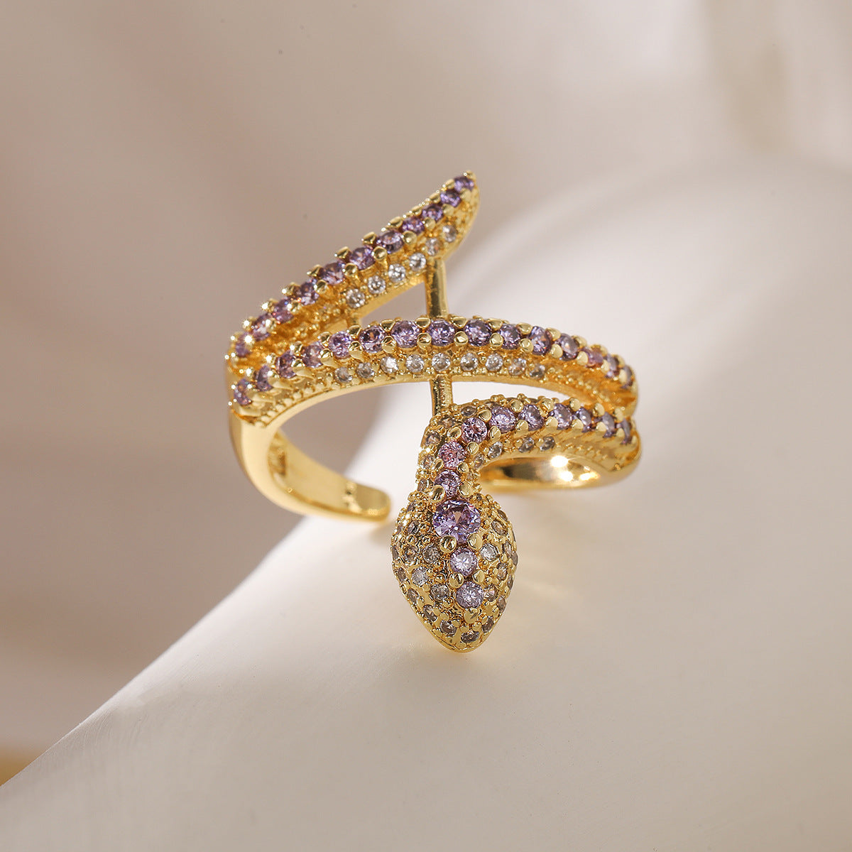 Minimalist Geometric Snake-Shaped Copper Ring with Real Gold Plating and Zircon Inlay for Women