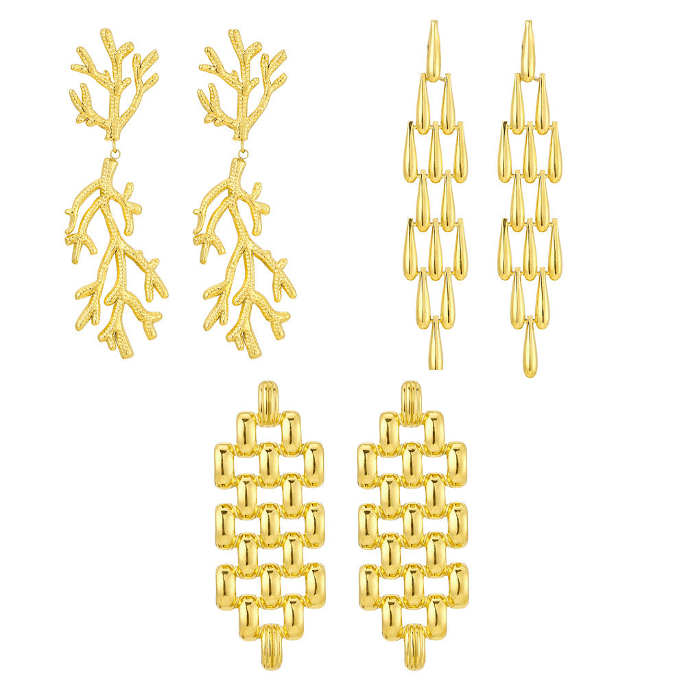 Pendientes de gota geométricos, de acero inoxidable, a la moda, con borla y detalles de coral para mujer
