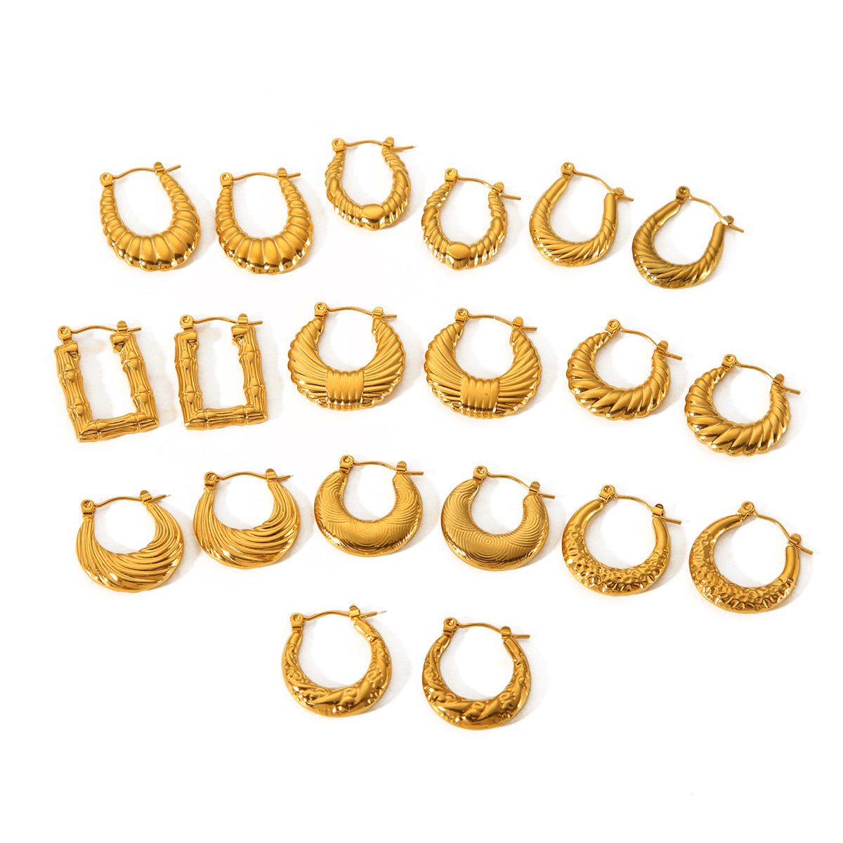 Fashion Geometric Textured U-Shaped 18K Gold Plated Stainless Steel Earrings for Women