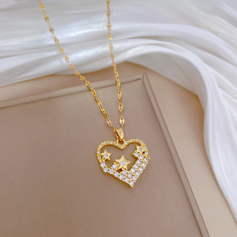Luxury Titanium Steel Geometric Star Pendant Necklace for Women with Rhinestone Inlay, Adjustable Chain Length 21-50 cm