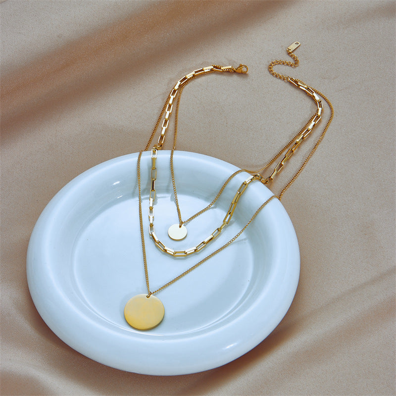 Collana da Donna Minimalista Geometrica a Strati con Ciondolo Rotondo Placcata in Acciaio al Titanio