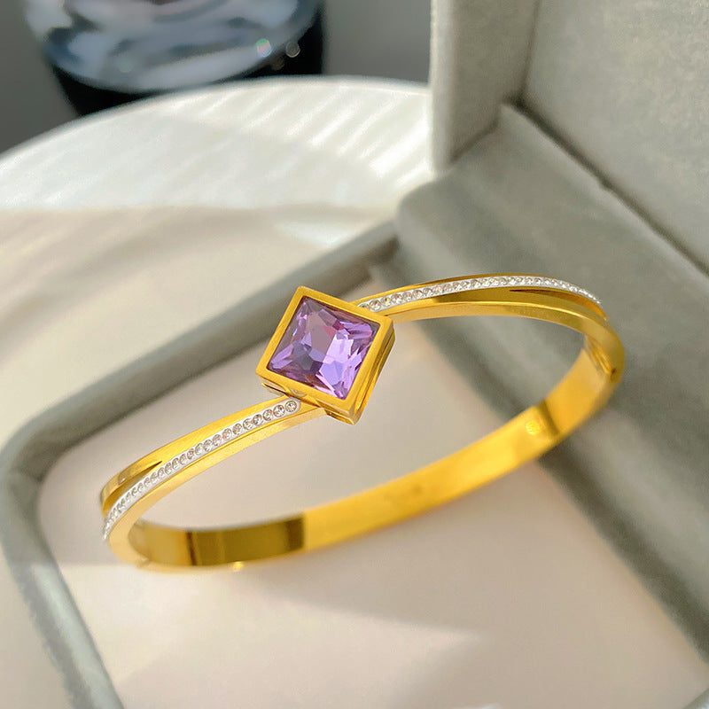 Minimalist Elegant Square Geometric Micro-Inlaid Cubic Zirconia Titanium Steel Bracelet for Women