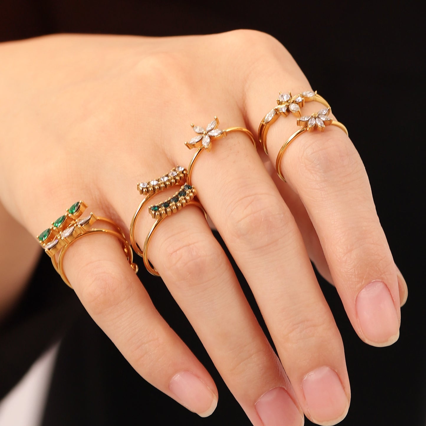 Waterproof Stainless Steel 18K Gold Plated Geometric Square Crystal Zircon Ring for Women