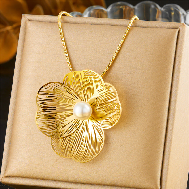 Elegante Set da Donna Collana con Ciondolo Fiore e Perla in Acciaio Inossidabile con Orecchini e Bracciale a Catena Serpente
