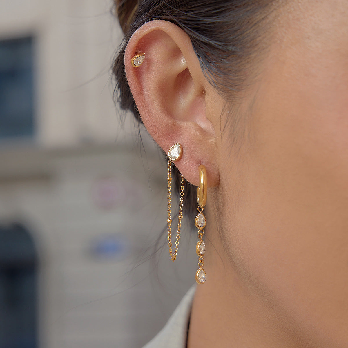 Minimalist Elegant Geometric Stainless Steel Plated Cubic Zirconia Tassel Earrings for Women