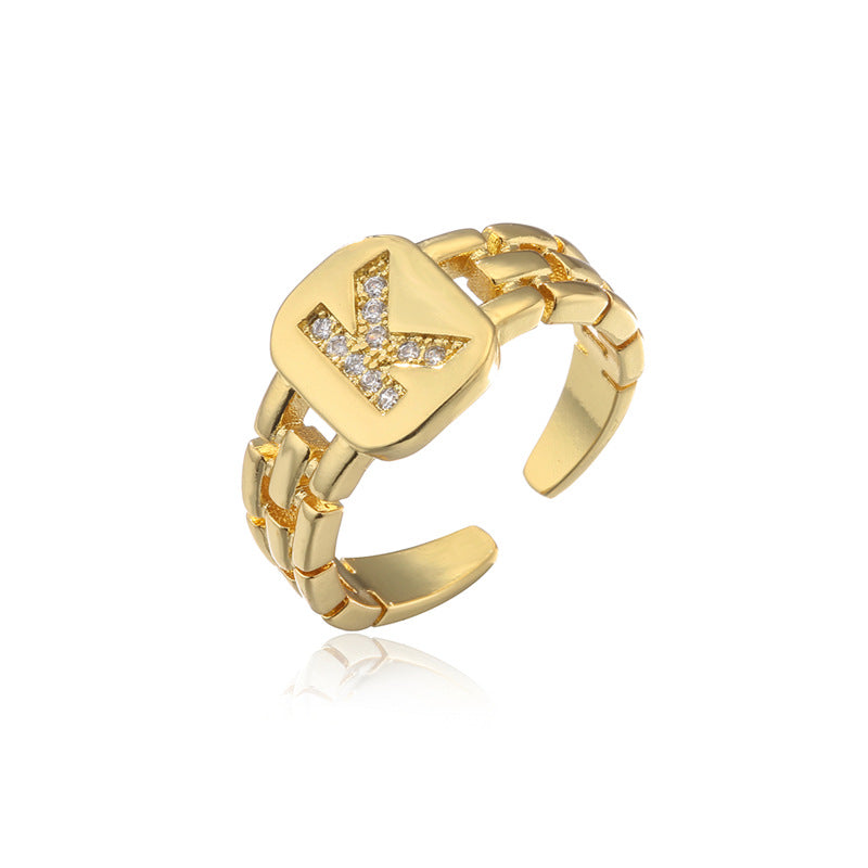 Minimalist Letter Shape Copper Ring with Micro-Pavé Setting Adjustable Geometric Band