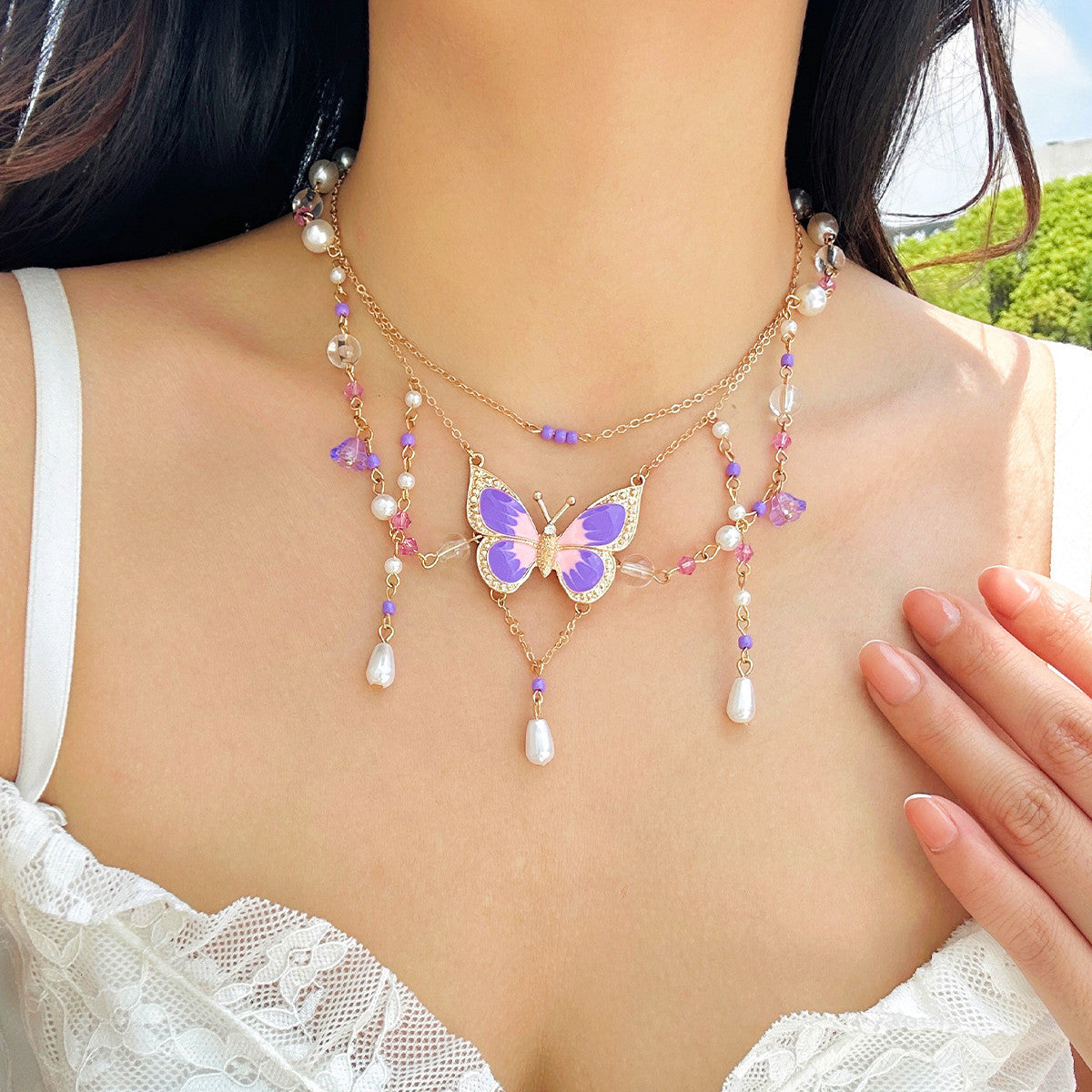 Sweet Y2K Butterfly Crystal & Faux Pearl Plated Snake Chain Choker Necklace for Women