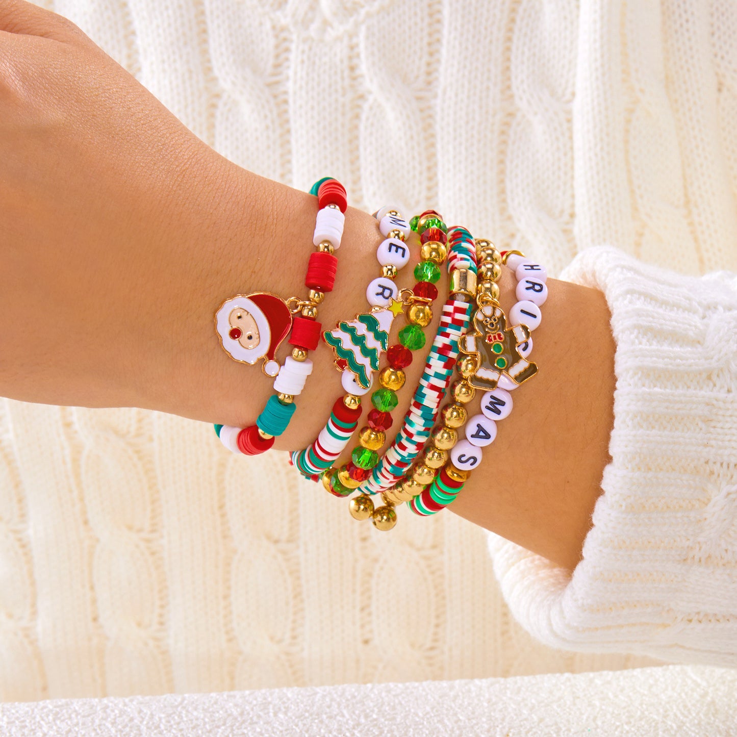 Sweet and Edgy Christmas Tree and Heart Polymer Clay Beaded Bracelet Set for Women Alloy Multi-Layer Stacking Bracelets