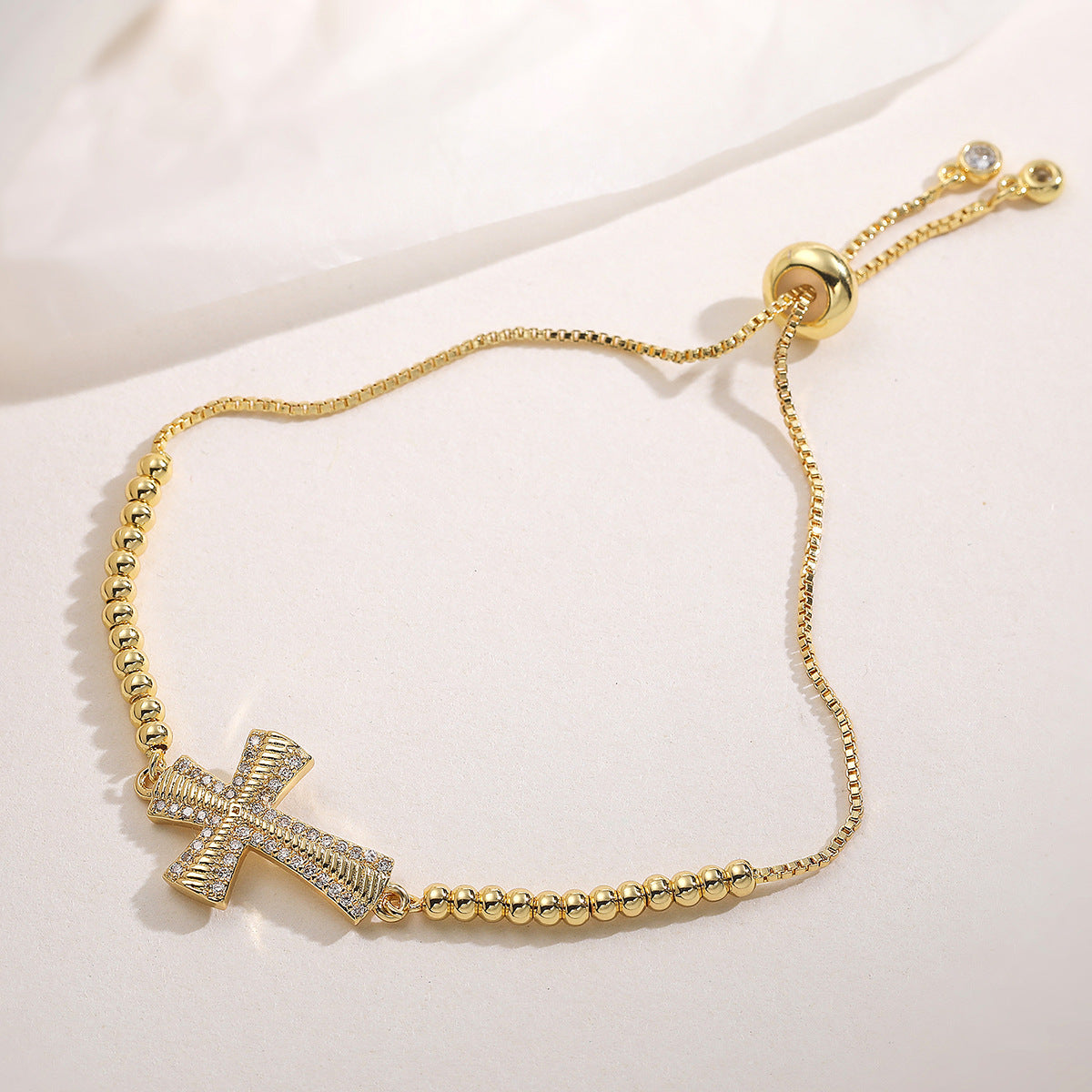 Minimalist 18K Gold Plated Brass Geometric Cross Bracelet with Cubic Zirconia for Women