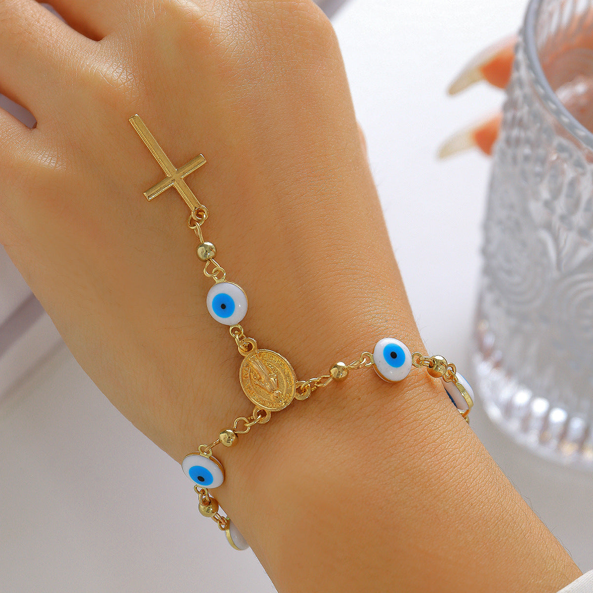 Bohemian Vintage Evil Eye Cross Pendant Alloy Plated Necklace with Curb Chain for Women