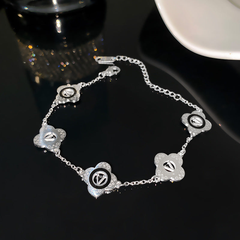 Minimalist Letter V Five-Leaf Flower Plated Titanium Steel Bracelet
