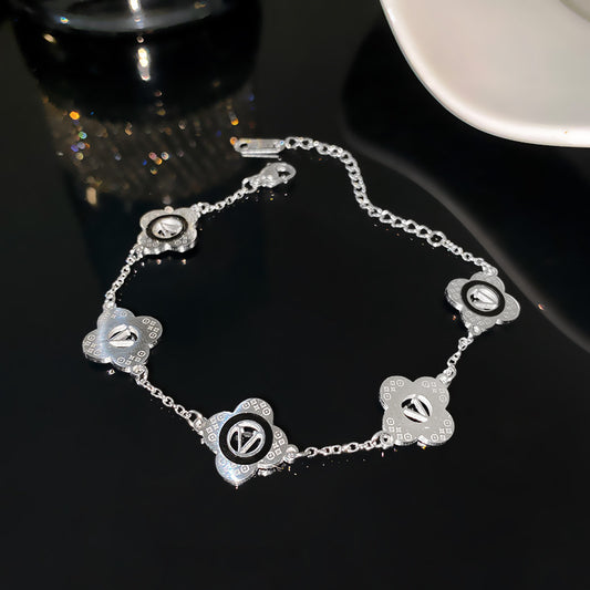 Minimalist Letter V Five-Leaf Flower Plated Titanium Steel Bracelet