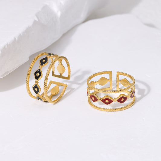 Anello Regolabile da Donna in Acciaio Inossidabile con Smalto Occhio di Allah alla Moda e Finitura in Acciaio al Titanio