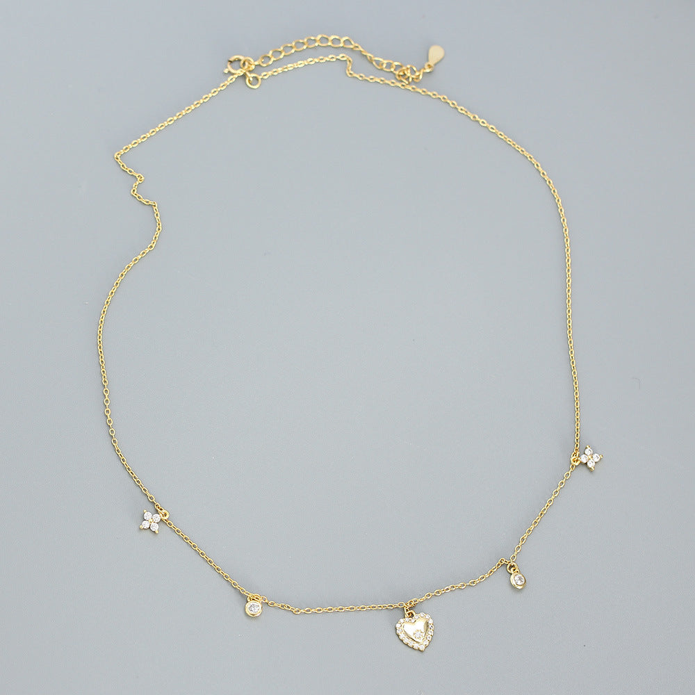 Sweet and Edgy Heart-Shaped S925 Sterling Silver Rhinestone-Inlaid French Clavicle Necklace with Cross Chain for Women
