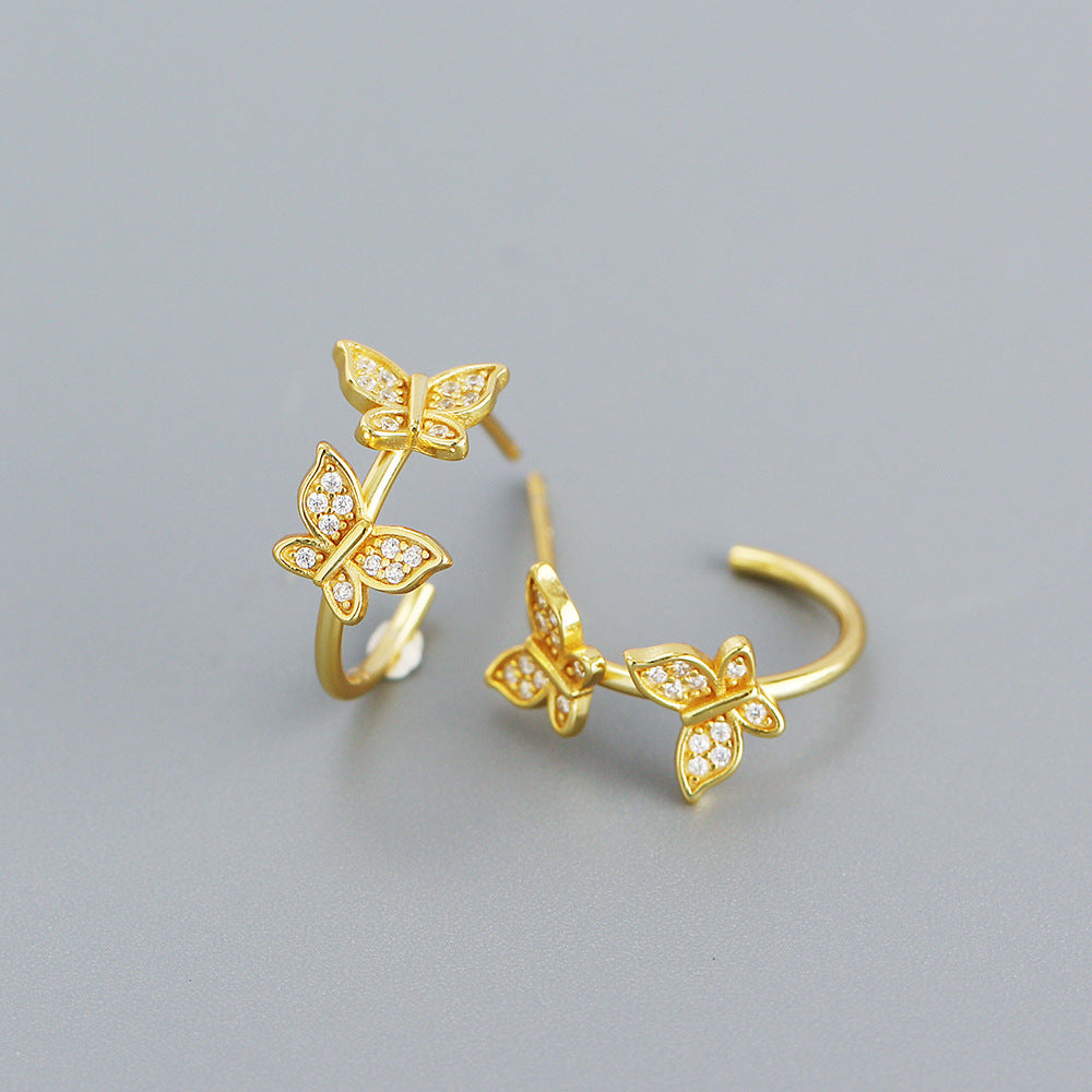 Luxury Butterfly-Shaped S925 Sterling Silver Stud Earrings with Rhinestone Inlay for Women