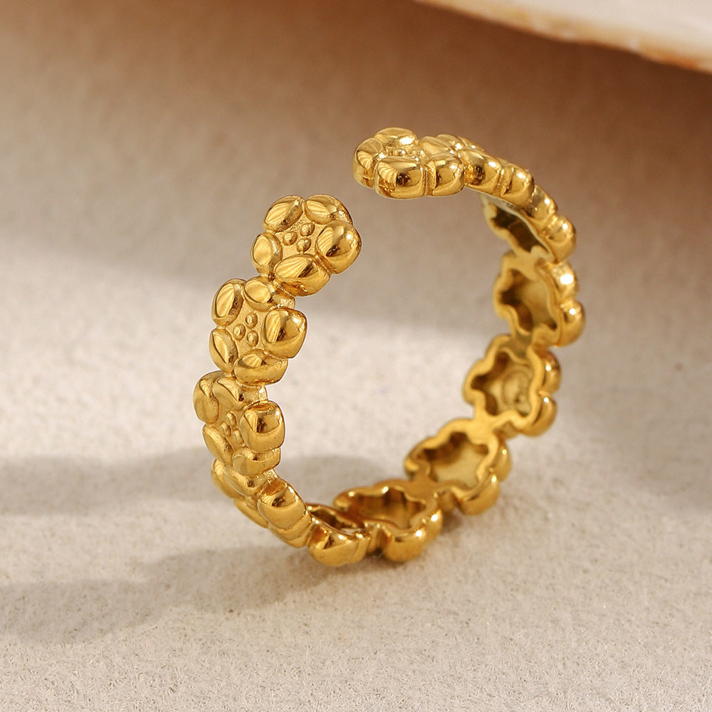 Minimalist French-Inspired Floral Open Ring for Women in Stainless Steel with 18K Gold Plating