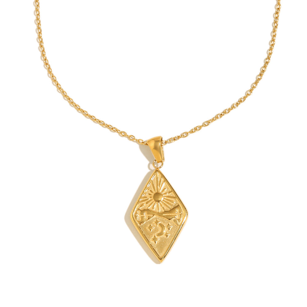 Collana con Pendente a Forma di Sole e Luna Geometrico Retrò a Diamante da Donna in Acciaio Inossidabile con Placcatura in Oro 18K