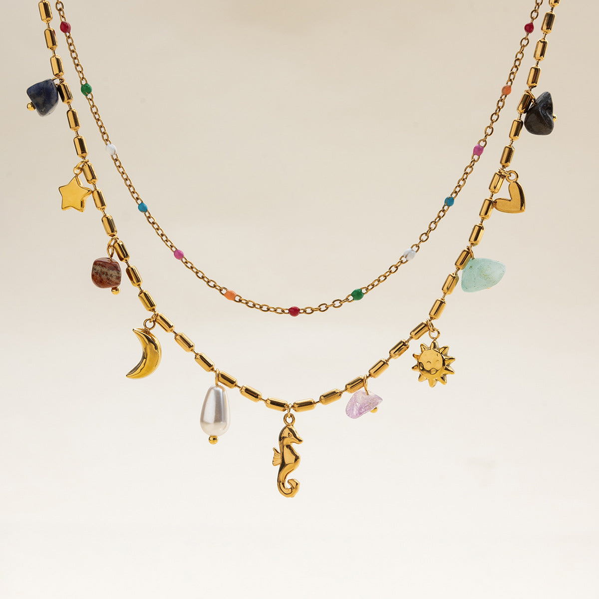 Collana Geometrica in Acciaio Titanio e Perle con Finitura Placcata per Donna, Elegante Catena per Clavicola