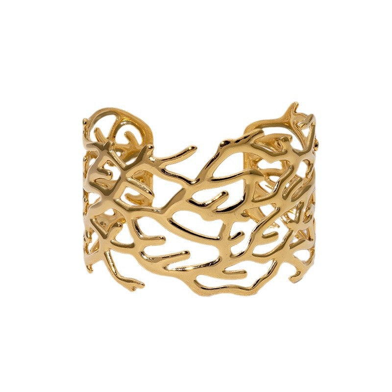 Vintage Irregular Hollow-Out Wide Cuff Bracelet for Women in Stainless Steel with Plated Finish