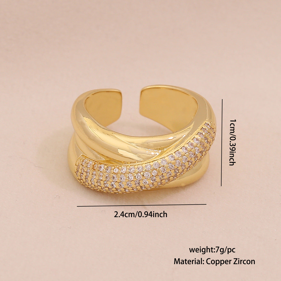 Fashionable Geometric Women's Adjustable Ring in Copper with Zircon Inlay and Linear Design